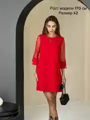 Красный платье женское, вечернее, А-силуэта, с кружевными рукавами