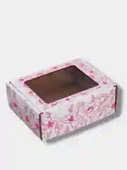 Розовый коробка подарочная сборная крафт, белая, с окном,  с рисунком
