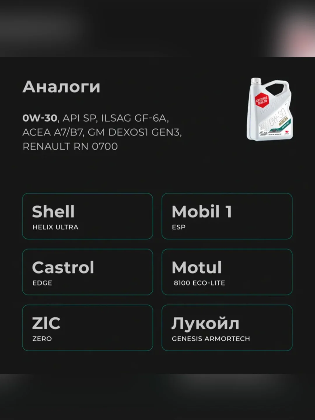 Масло моторное ВМПАВТО Modern 0W-30, A7/B7, GF-6A, SP, канистра 4 л