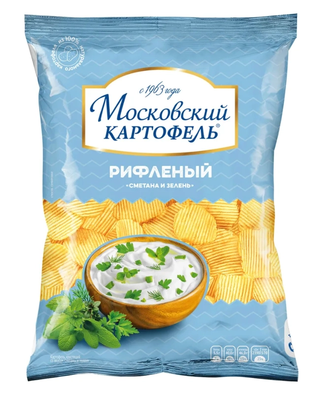 Чипсы картофельные МОСКОВСКИЙ КАРТОФЕЛЬ, рифленые, со вкусом сметаны и зелени, 120 г