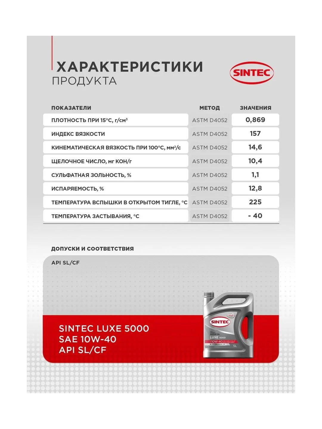 Моторное масло SINTEC LUXE 5000 SAE 10W-40 API SL/CF Полусинтетическое 5 л