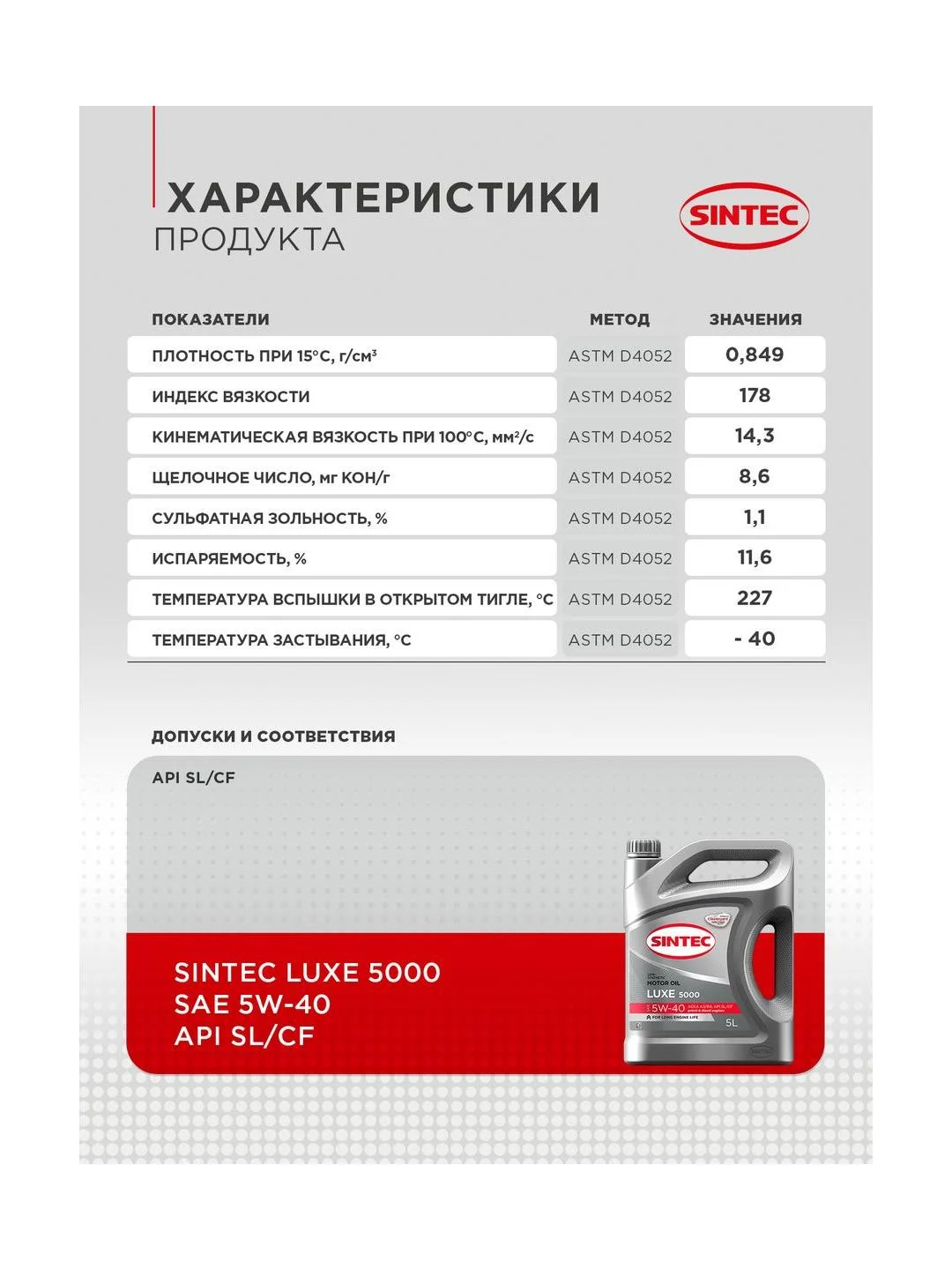 Моторное масло SINTEC LUXE 5000 SAE 5W-40 API SL/CF Полусинтетическое 5 л