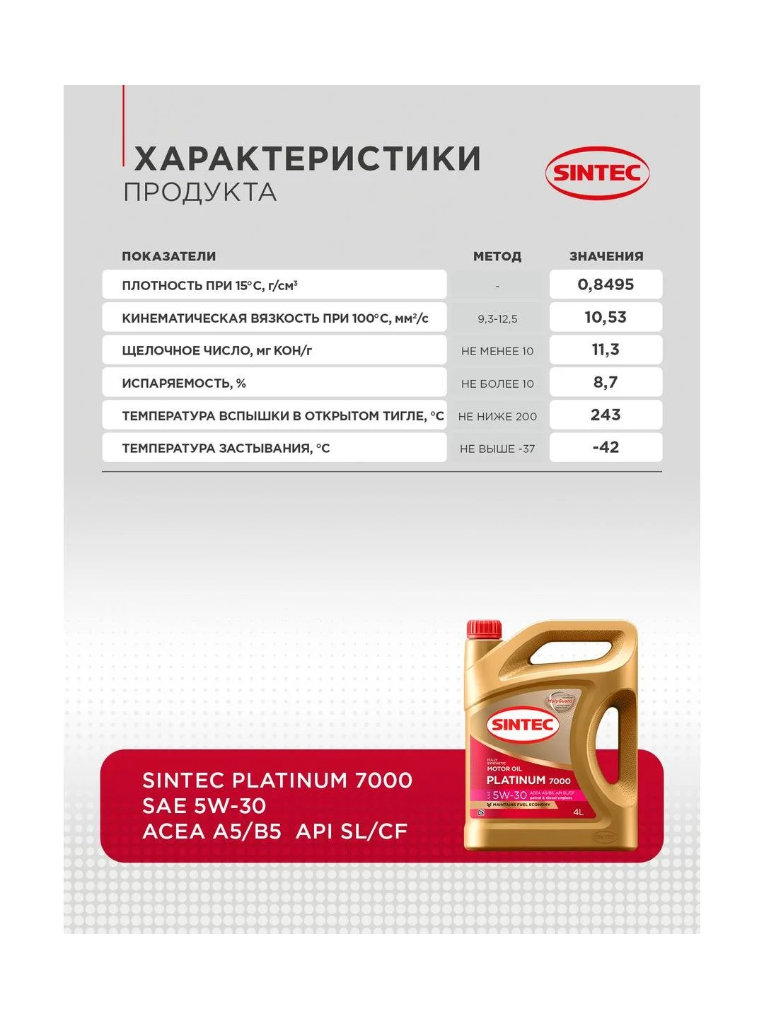 Моторное масло SINTEC PLATINUM 7000 SAE 5W-30 API SL, ACEA A5/B5 Синтетическое 4 л