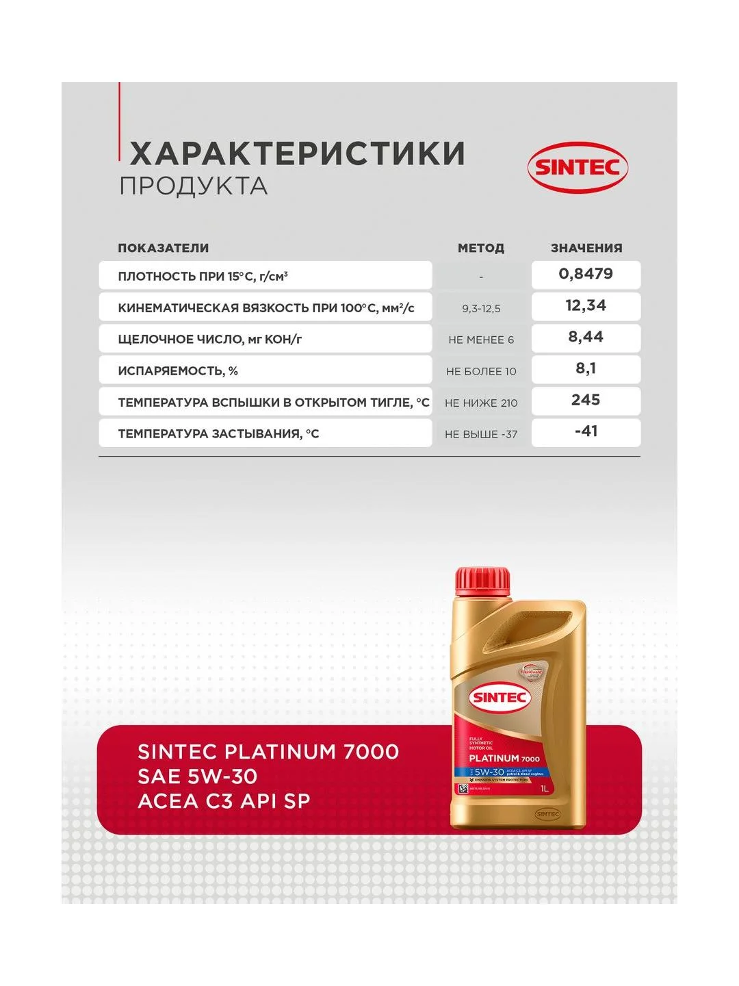Моторное масло SINTEC PLATINUM 7000 SAE 5W-30 API SP, ACEA C2/C3 Синтетическое 1 л