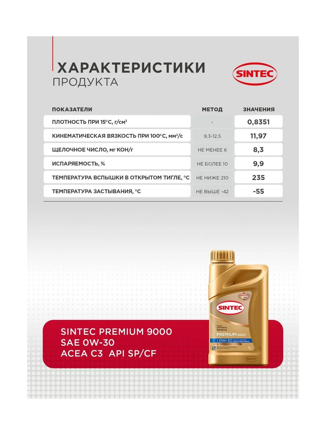 Моторное масло SINTEC PREMIUM 9000 SAE 0W-30, API SP/CF, ACEA C3, синтетическое, 1 л