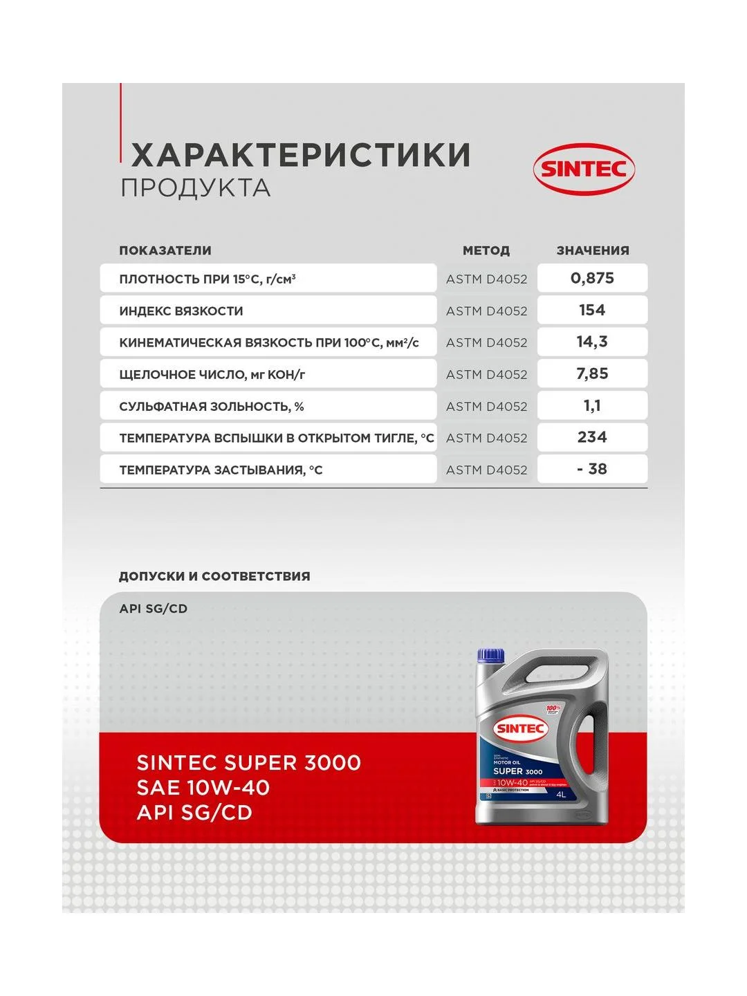 Моторное масло SINTEC SUPER 3000 SAE 10W-40 API SG/CD Полусинтетическое 4 л