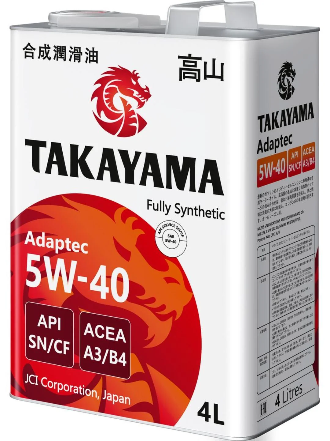 Моторное масло TAKAYAMA ADAPTEC SAE 5W-40, API SN/CF Синтетическое 4 л