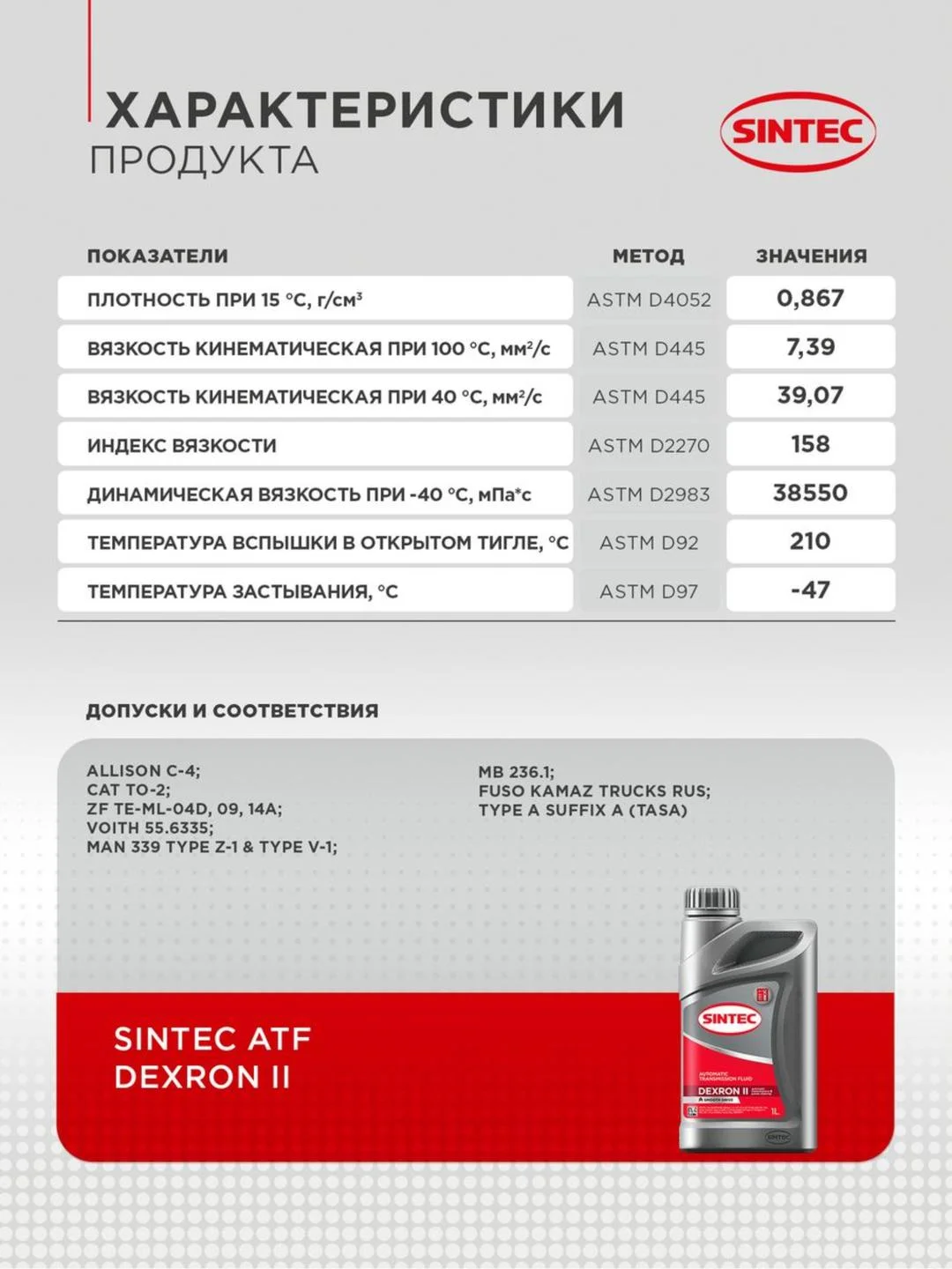 Трансмиссионное масло SINTEC ATF II Dexron Минеральное 1 л
