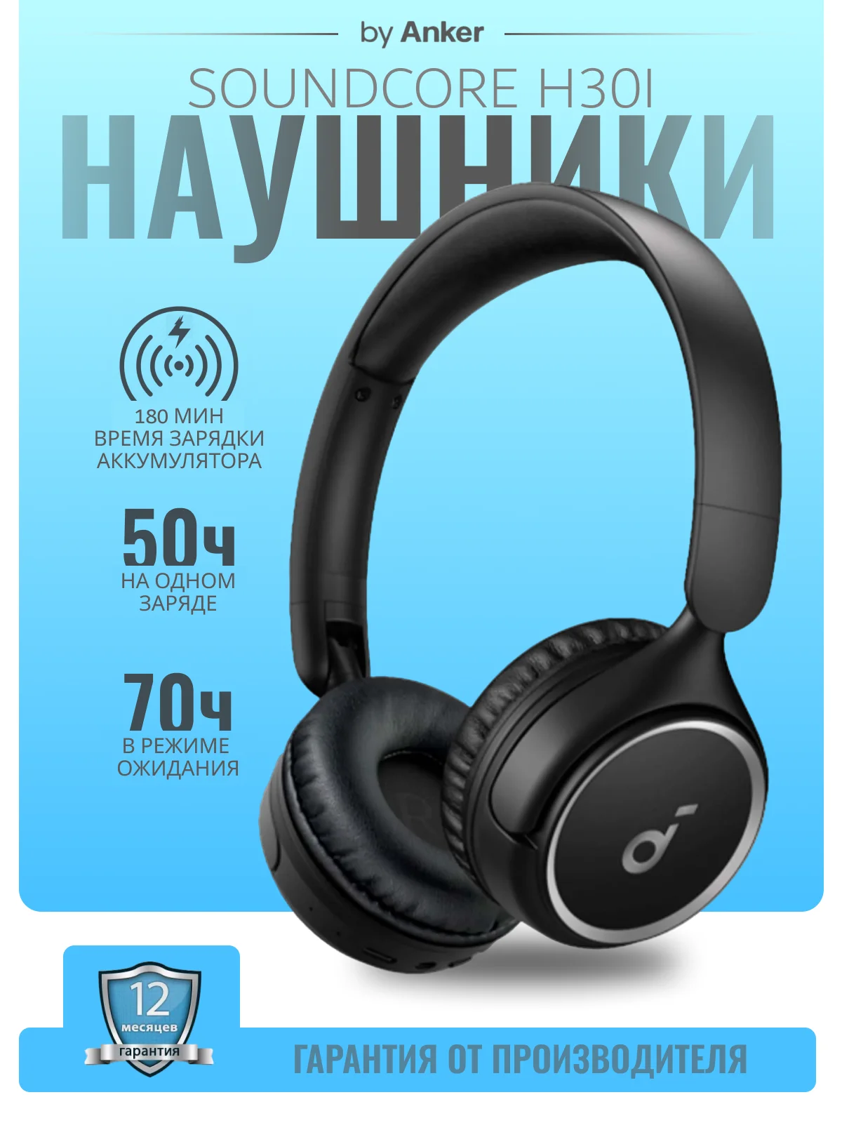 Черный полноразмерные беспроводные наушники SOUNDCORE H30i