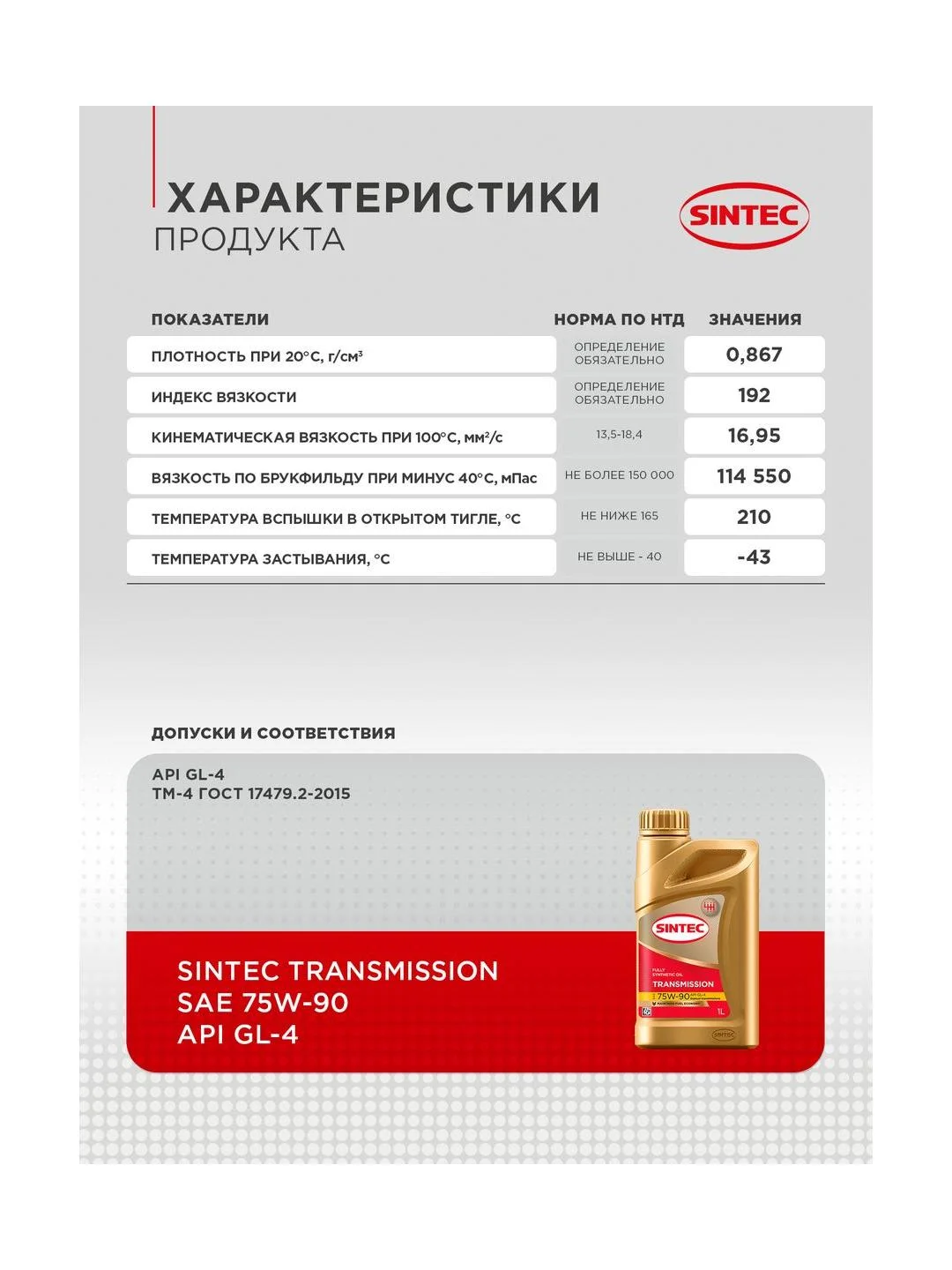 Трансмиссионное масло SINTEC TRANSMISSION ТМ4 SAE 75W-90 API GL-4 Полусинтетическое 1 л