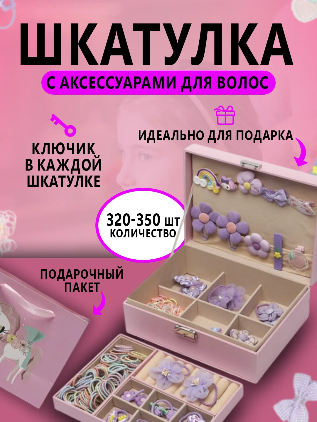 Бирюзовый подарочный детский набор, с аксессуарами для волос, резинки, заколки