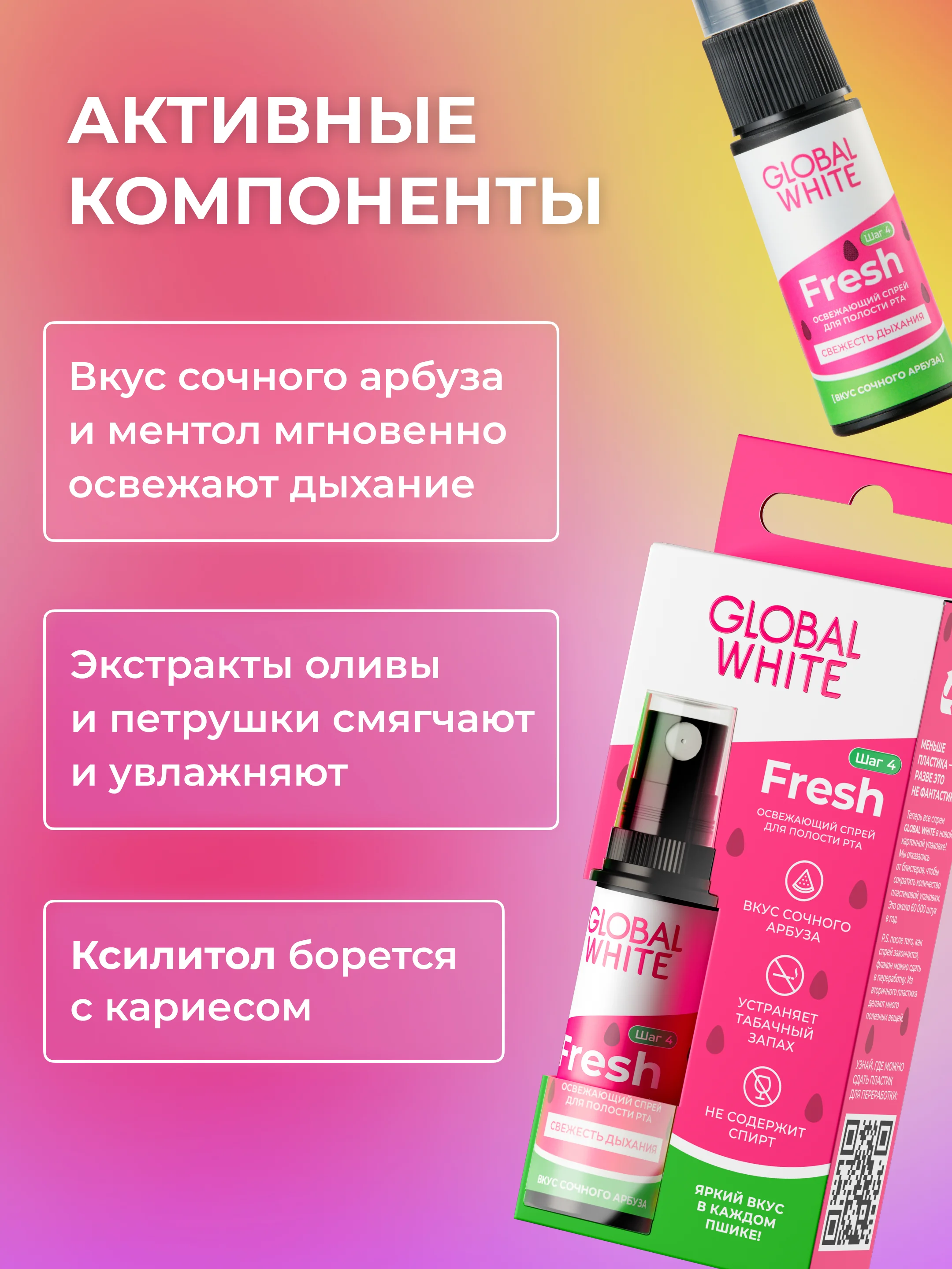Набор GLOBAL WHITE: спрей "Арбуз" + спрей "Грейпфрут" + спрей "Бабл минт" по 15 мл
