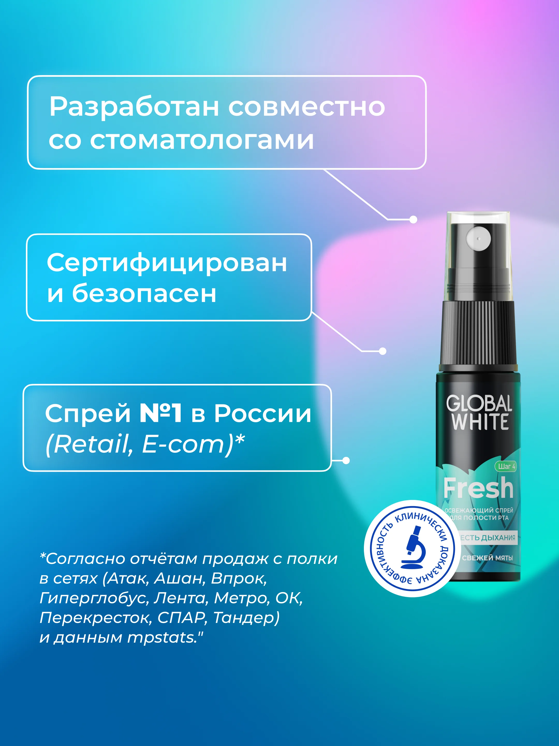 Набор GLOBAL WHITE: спрей "Фреш" + спрей "Грейпфрут" + спрей "Бабл минт" по 15 мл
