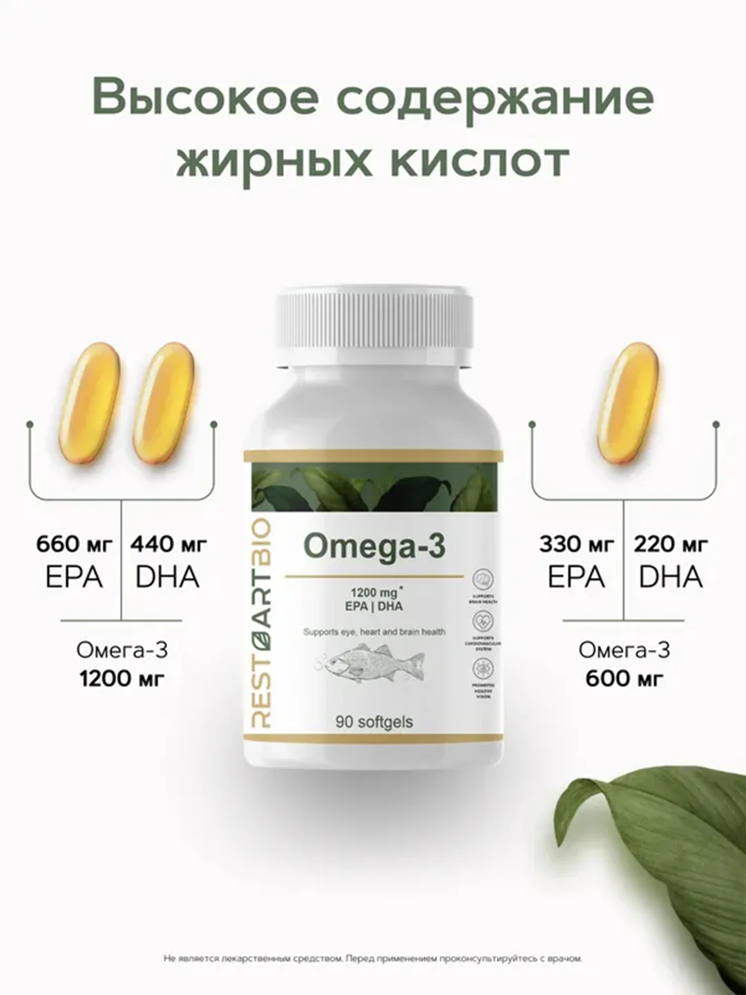 Омега-3 Restartbio, 1200 мг, EPA 660 мг, DHA 440 мг, 90 капсул
