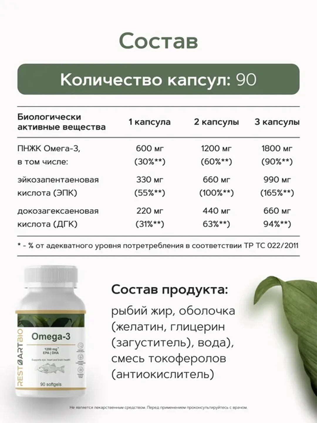 Омега-3 Restartbio, 1200 мг, EPA 660 мг, DHA 440 мг, 90 капсул