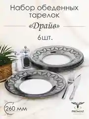 Тарелки обеденные, подарочный набор, 6 шт., 26 см, серебро PROMSIZ коллекция Драйв