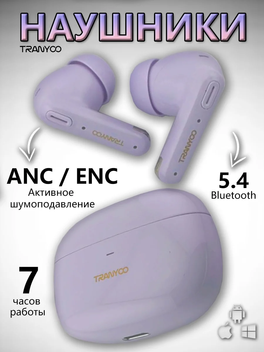 Бирюзовый беспроводные наушники TRANYOO с функцией активного шумоподавления ANC и ENC 2.0