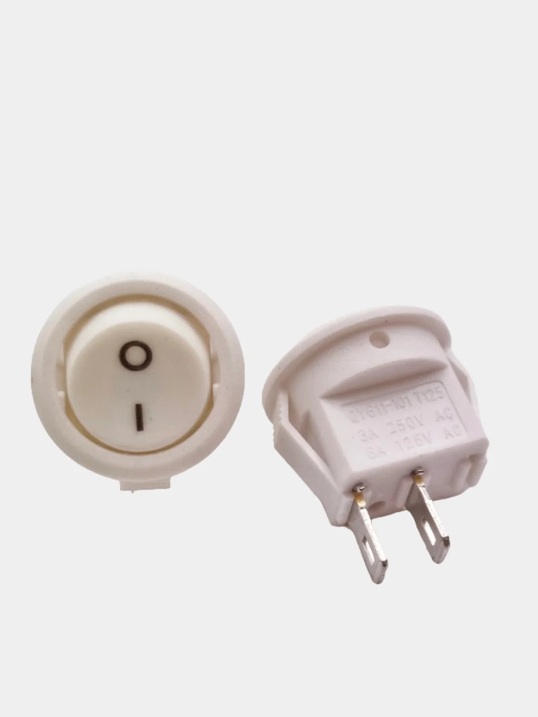 Белый выключатель клавишный MICRO КРУГЛЫЙ 250V 3А (2с) ON-OFF  2 шт с клеммами и термоусадкой