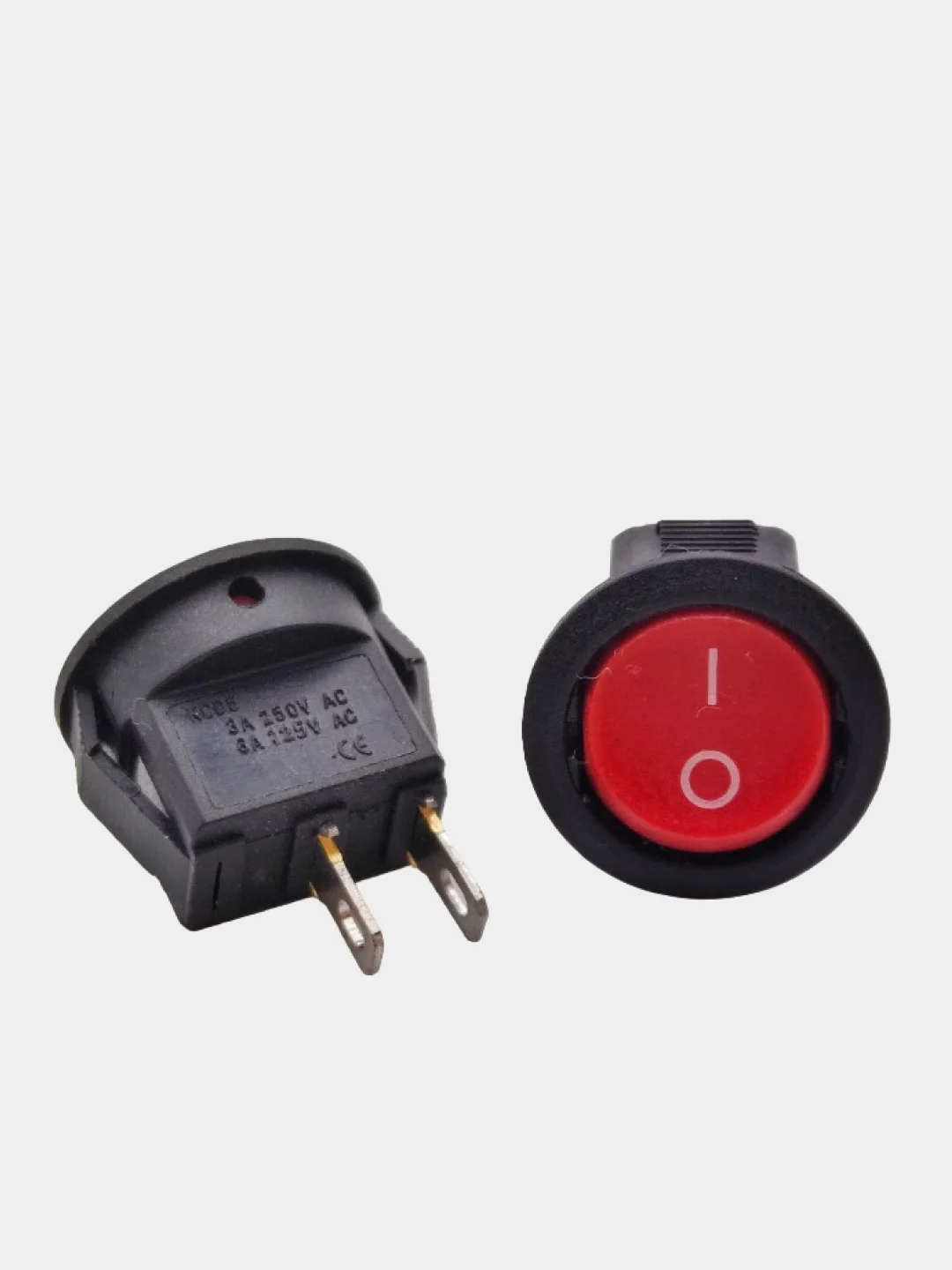 Красный выключатель клавишный MICRO КРУГЛЫЙ 250V 3А (2с) ON-OFF  2 шт с клеммами и термоусадкой