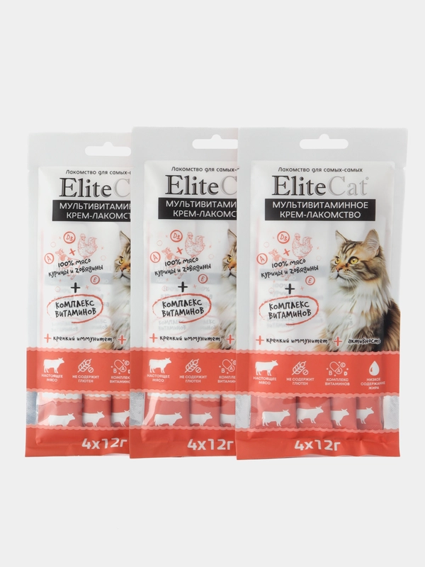 ELITECAT "Мультивитаминное крем-лакомство" для кошек с курицей и говядиной, 4х12гр 3шт