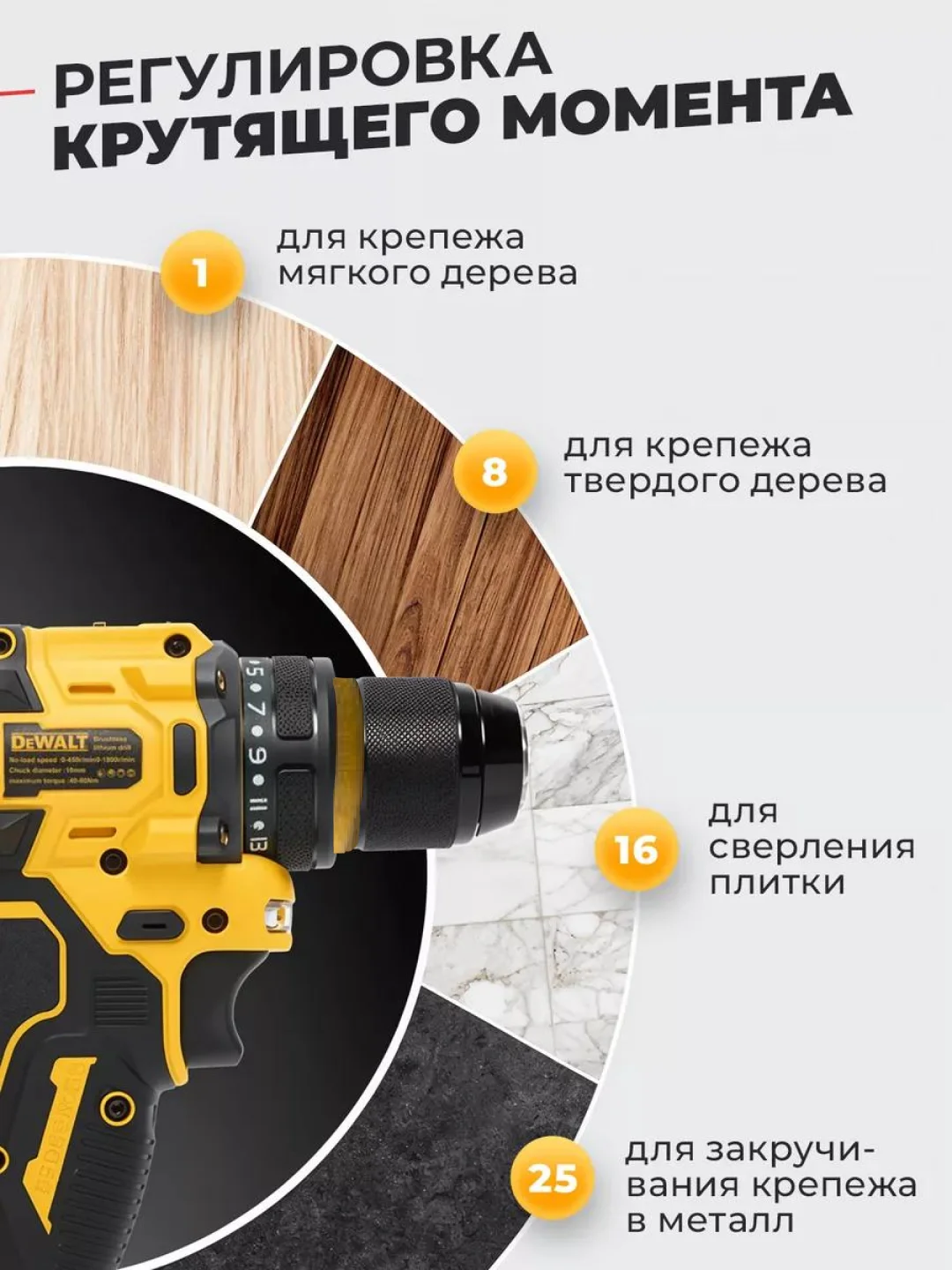 Горчичный дрель-шуруповерт аккумуляторный DeWalt, 21V / 48V с набором инструментов