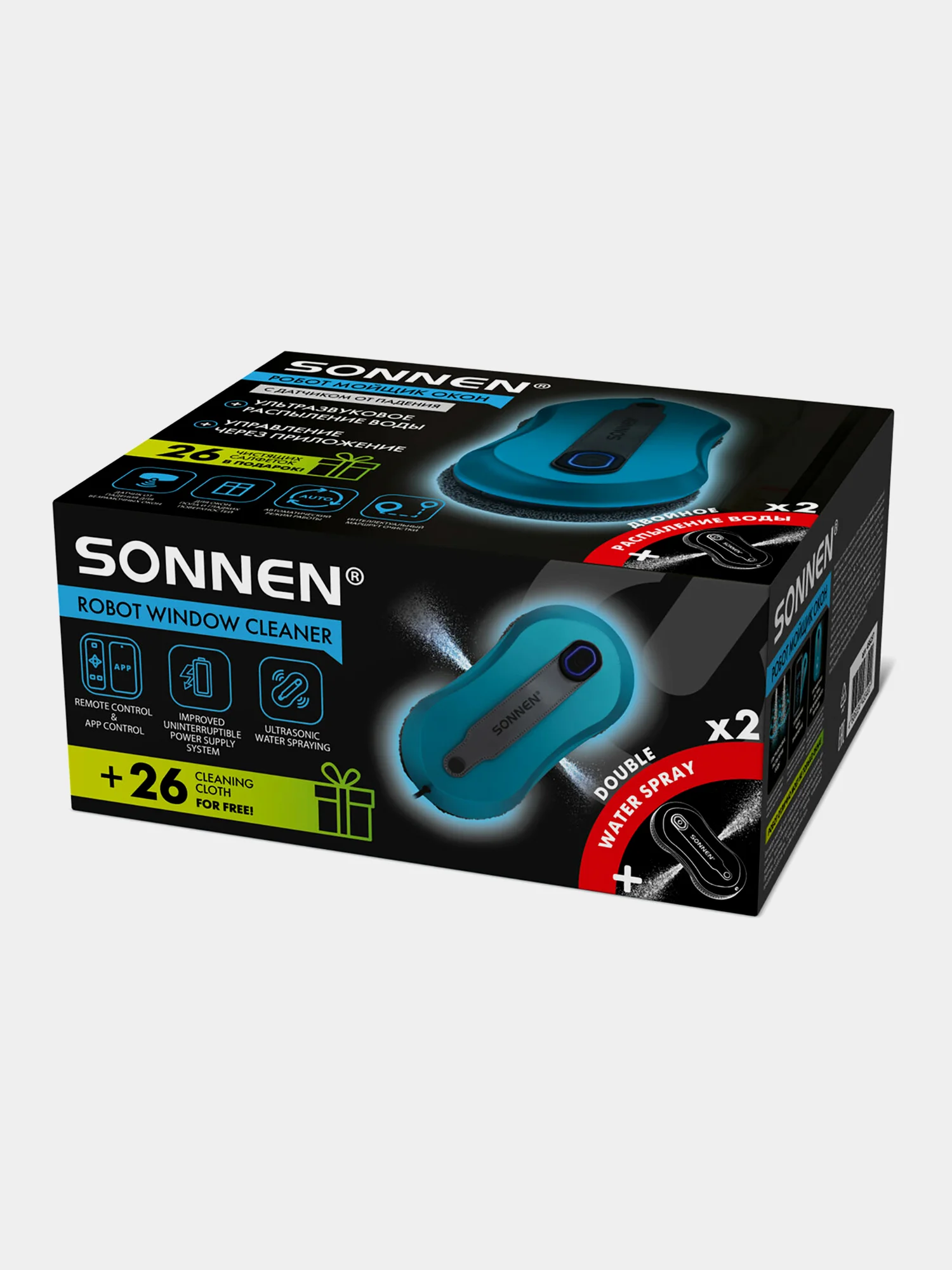 Робот мойщик окон Sonnen, 456237, распыление, датчик от падения, 26 салфеток, приложение
