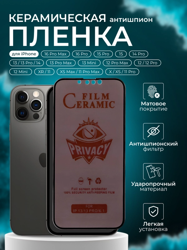 Керамическая пленка антишпион iPhone 16/15/14/13/12/11/Pro/Max/Mini/Plus, матовая