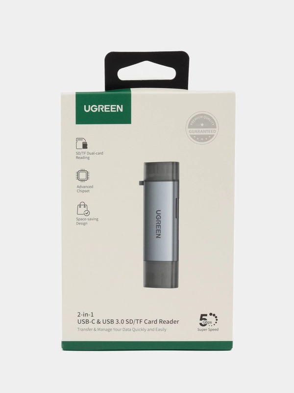 Картридер Micro SD/TF UGREEN USB-A 3.0 + USB-C 3.1 Gen1, 5Gbps, цвет серый космос, 50706