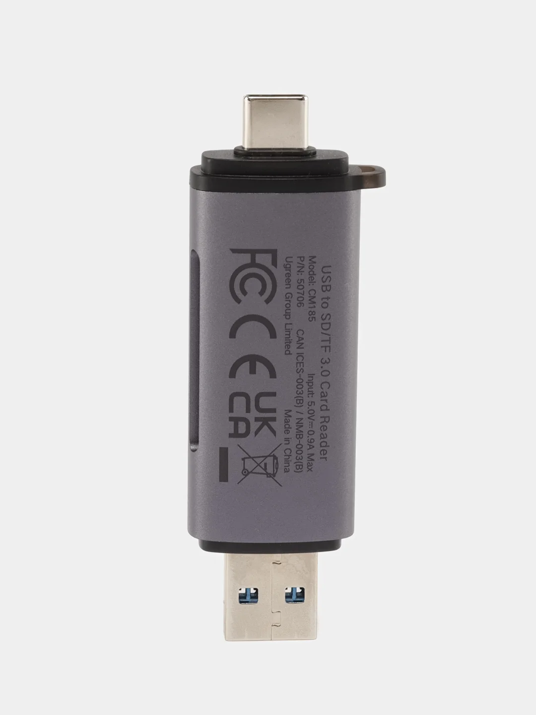Картридер Micro SD/TF UGREEN USB-A 3.0 + USB-C 3.1 Gen1, 5Gbps, цвет серый космос, 50706