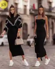 Черный платье женское с кофтой, лапша, больших размеров