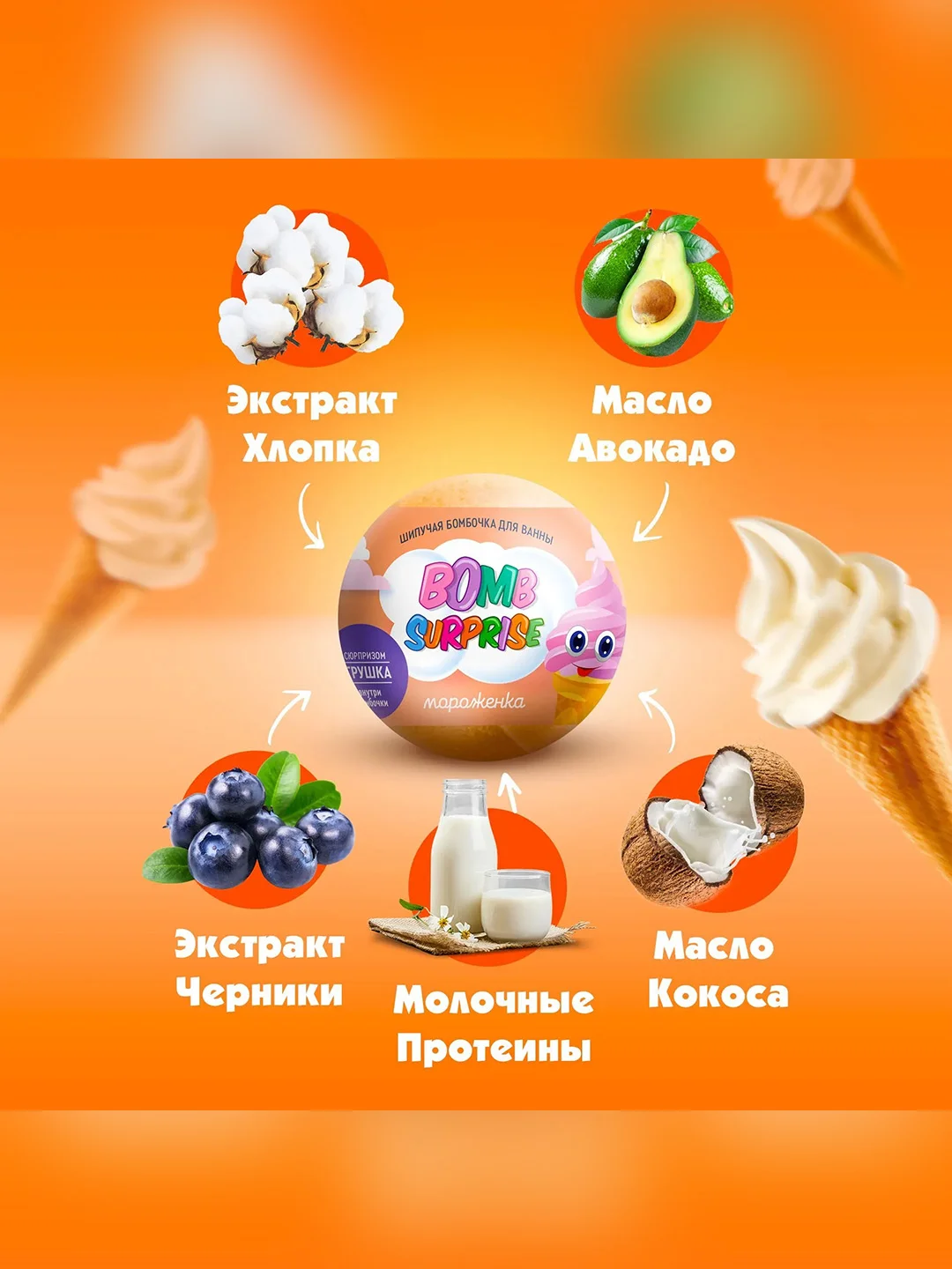 Шипучая бомбочка для ванны с игрушкой FITO BOMB SURPRISE Мороженка, 115 г