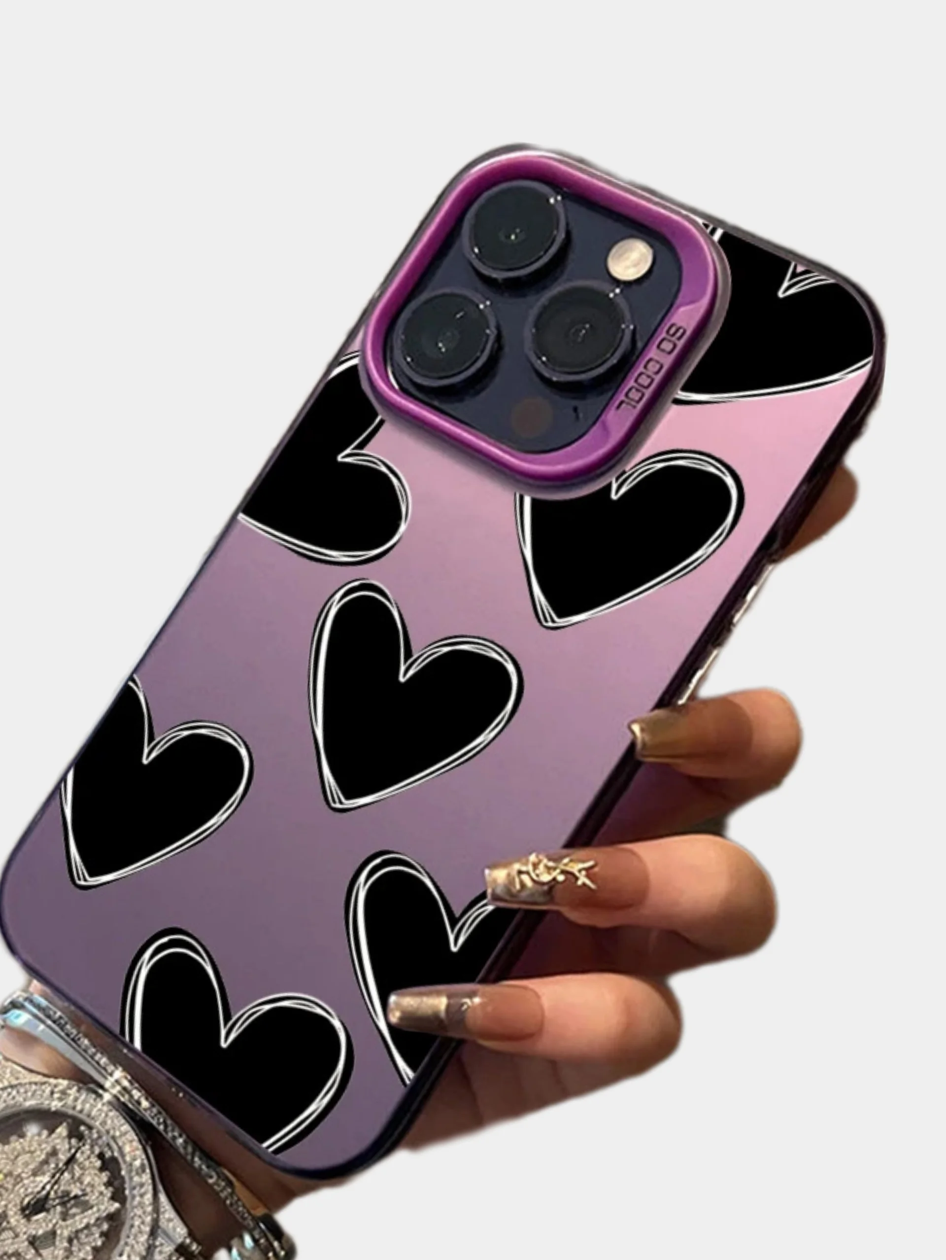 Аметистовый чехол для iPhone 16/Pro/Max/Plus с гальваническим покрытием противоударный, принт Сердце