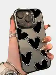Тёмно-серый чехол для iPhone 16/Pro/Max/Plus с гальваническим покрытием противоударный, принт Сердце