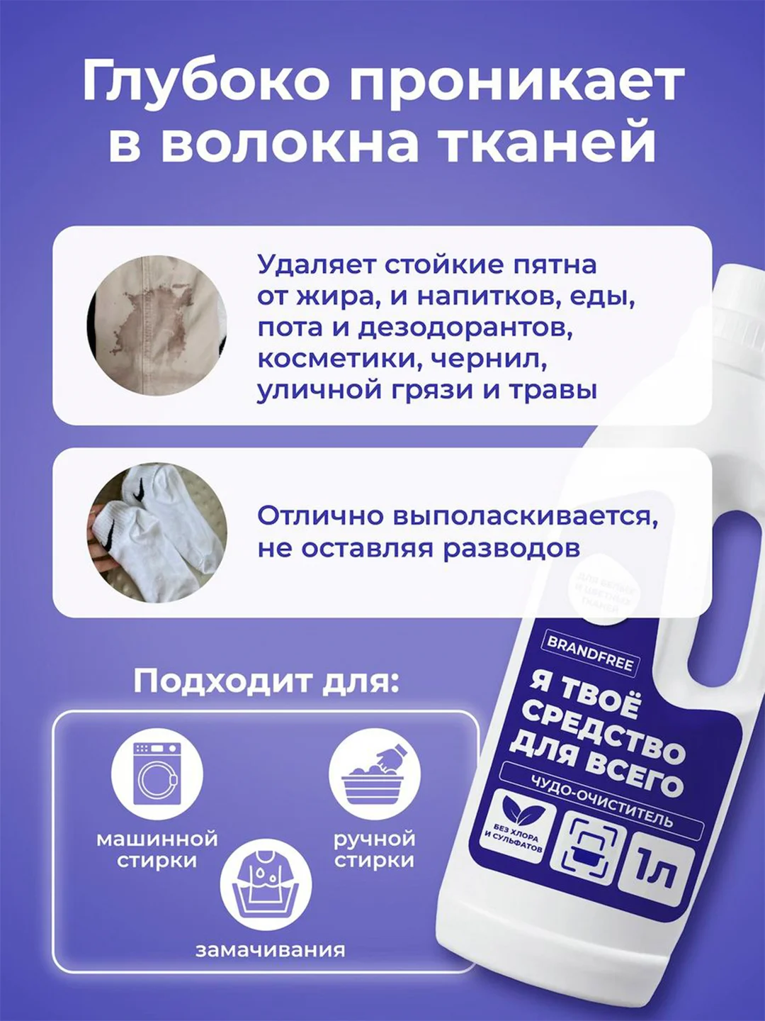 Гель для стирки BRANDFREE "Я твое средство для всего", для белых и цветных тканей, 1 л