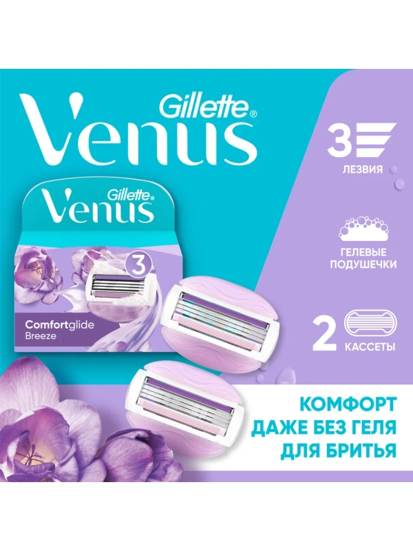 Сменные кассеты для бритвы Gillette Venus Breeze, cо встроенными полосками с гелем, 2 шт