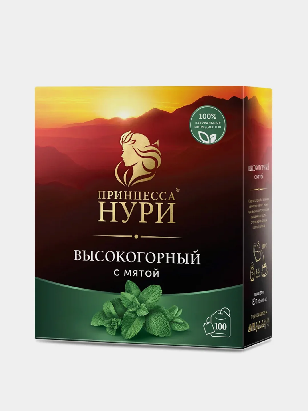 Чай черный Принцесса Нури Высокогорный, в пакетиках, с мятой, 100 пакетиков по 1,8 г