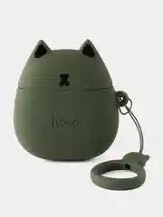 Зеленый наушники беспроводные bluetooth с зарядным кейсом hoco EW45 белые, в чехле с зеленым котом