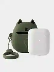 Зеленый наушники беспроводные bluetooth с зарядным кейсом hoco EW45 белые, в чехле с зеленым котом