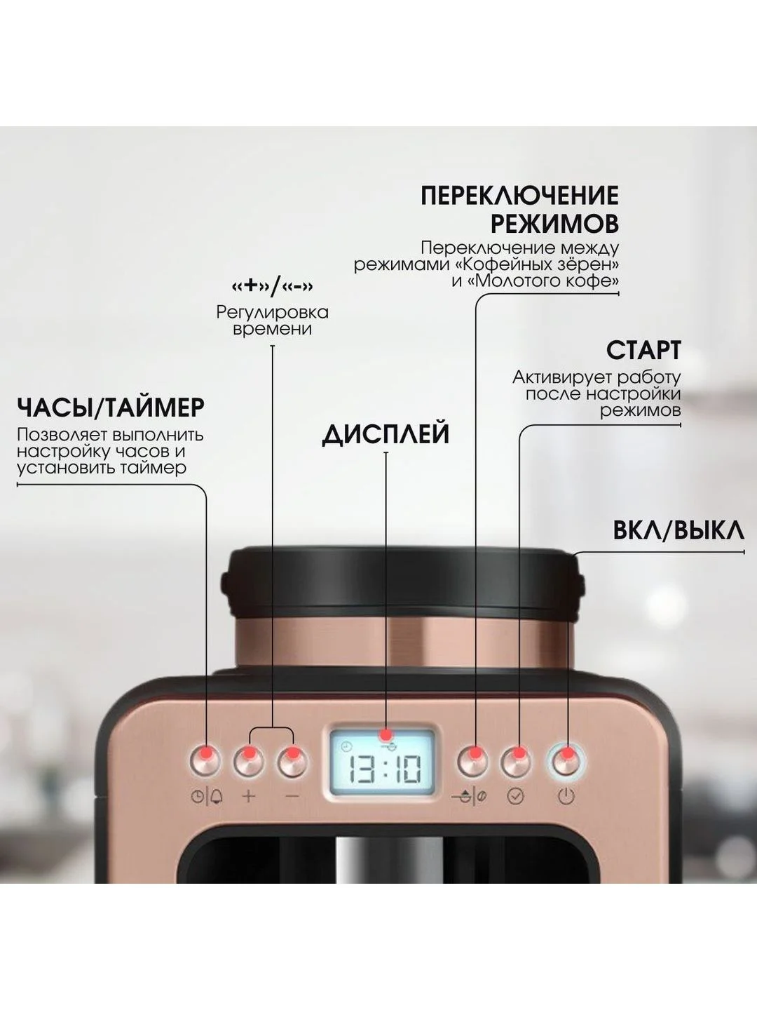 Розовый капельная кофеварка со встроенной кофемолкой BQ CM7001 Розово-золотая / 600 Вт / 0.6л