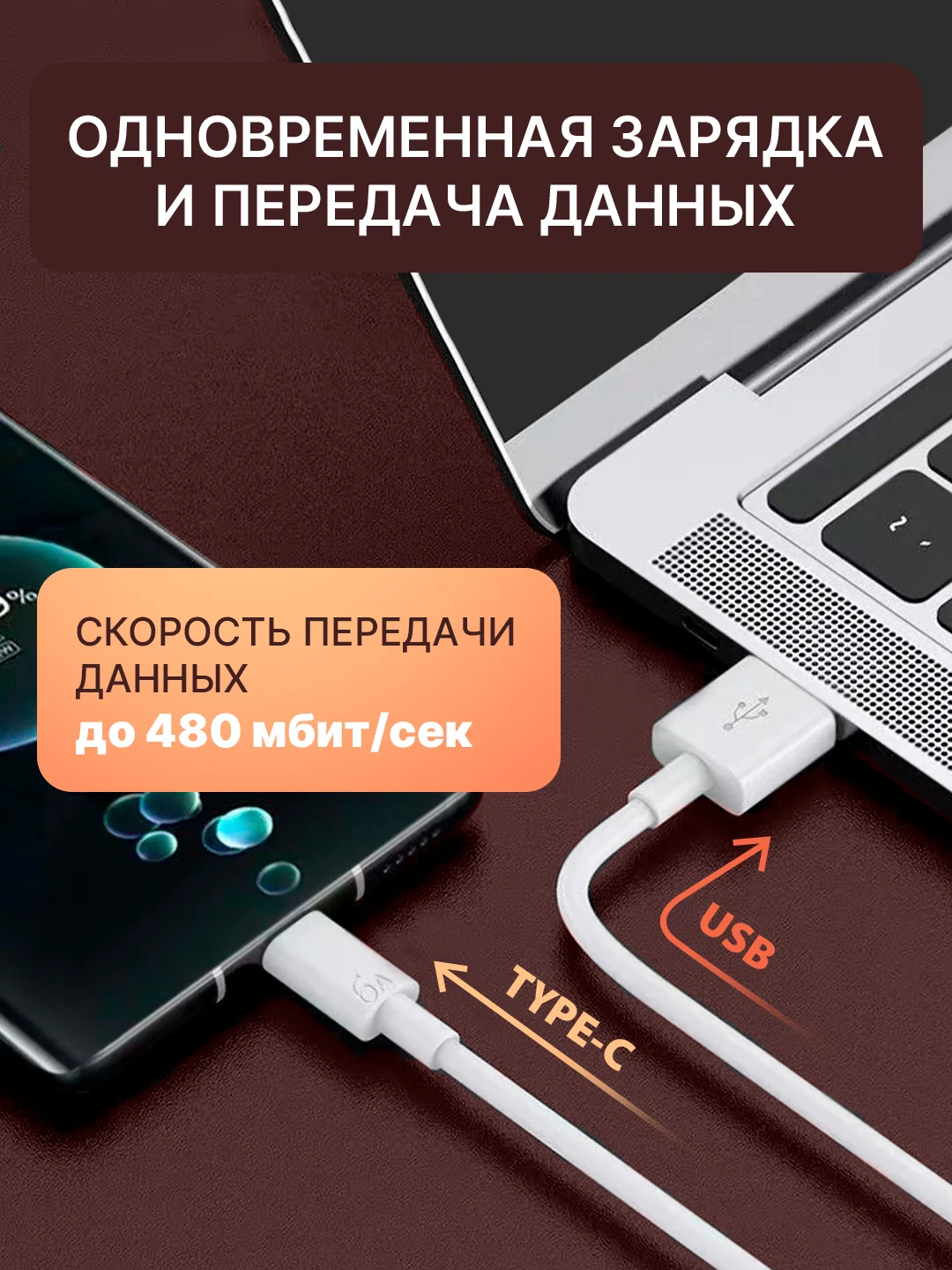 Белый кабель 6А type-c usb для быстрой зарядки на андройд и передачи данных