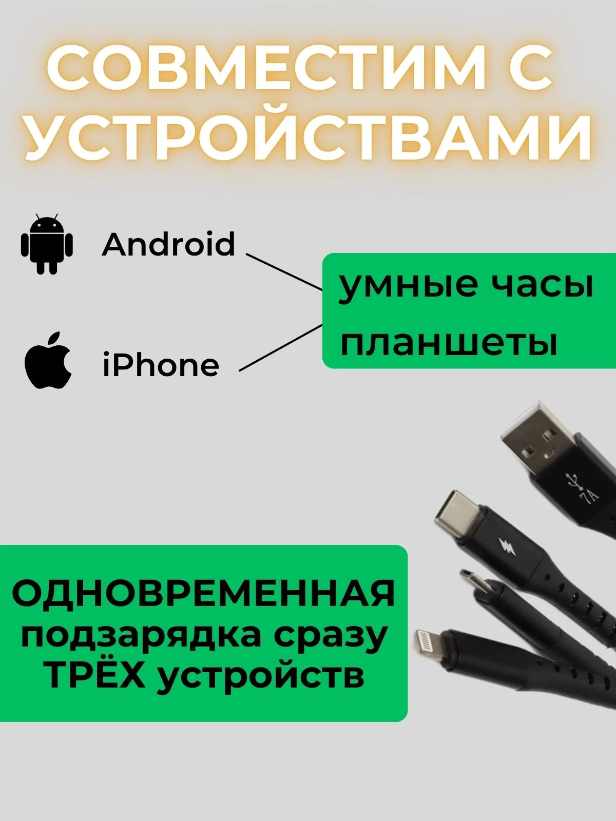 Кабель универсальный 125 см Type-C Micro-Usb Lightning для iPhone и Android