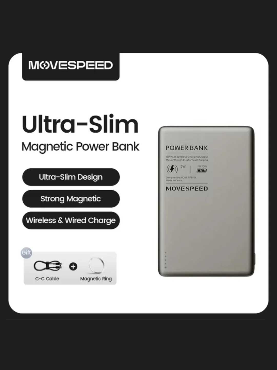 Серый беспроводной внешний аккумулятор MOVESPEED S05, 15W, 5000 / 10000 mAh (Magsafe Magnetic)