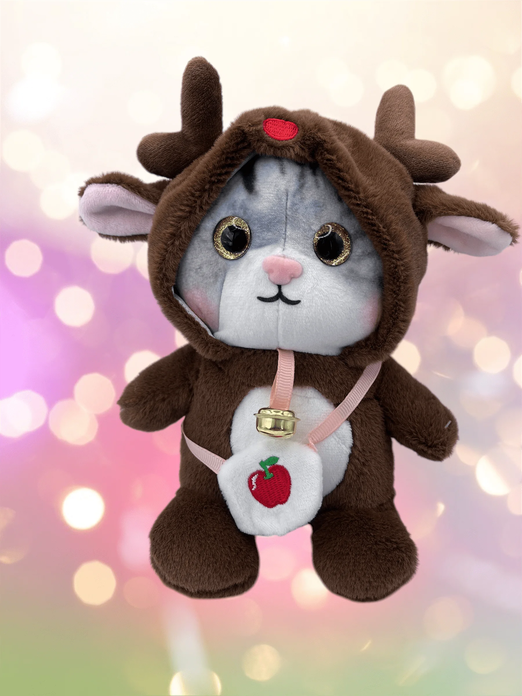 Коричневый мягкая игрушка Котик в костюме оленя, плюшевая с бубенцом, 18см,подарок детям на новый год