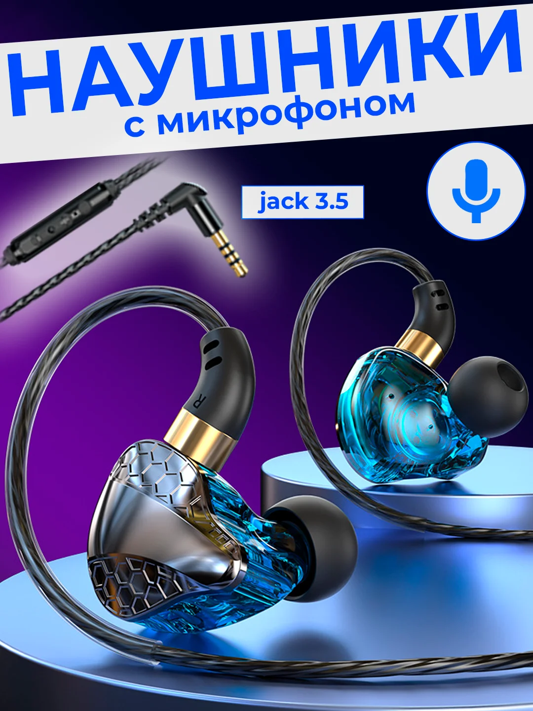 Синий наушники проводные с микрофоном, капельки с микрофоном, разъем 3.5