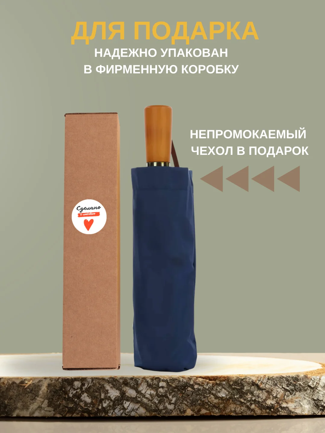 Темно-синий зонт с деревянной ручкой, автоматический антиветер, складной