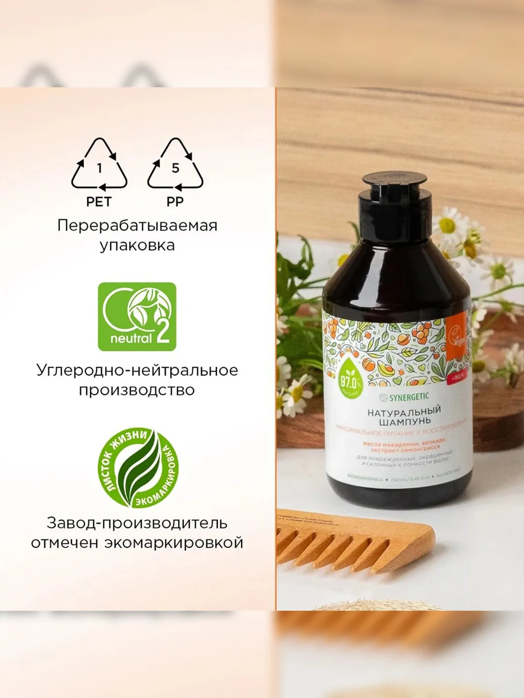 Шампунь для окрашенных волос SYNERGETIC Максимальное питание и восст. бессульфат., 250мл