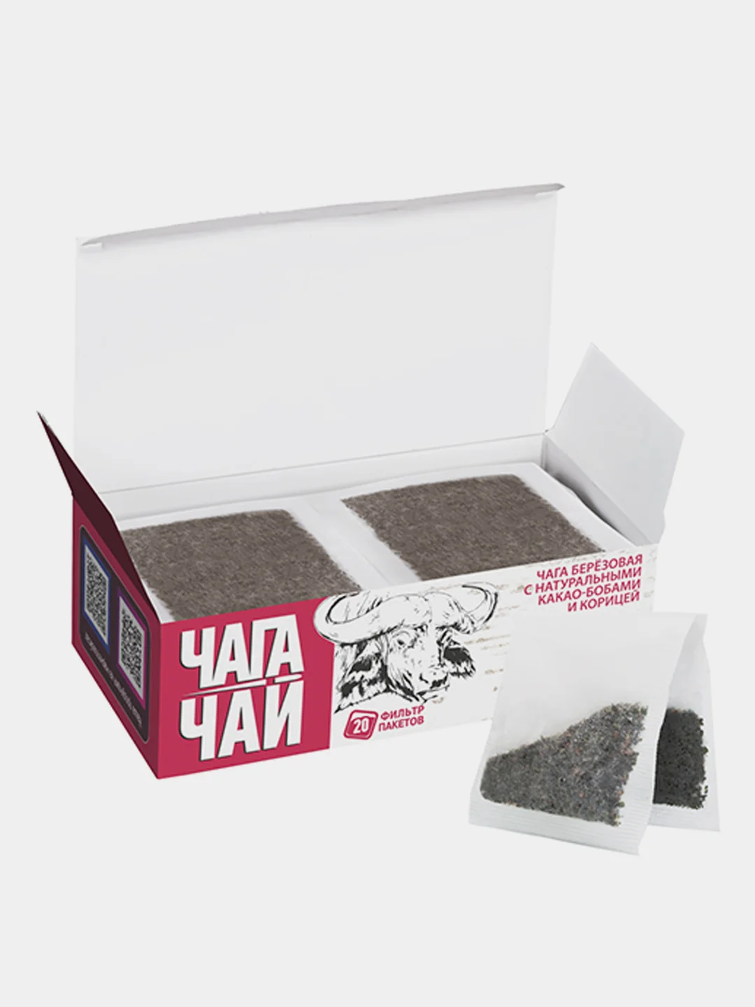 Чага березовая Чага-чай Мощь земли с натуральными какао-бобами, корица, 20 пакетиков