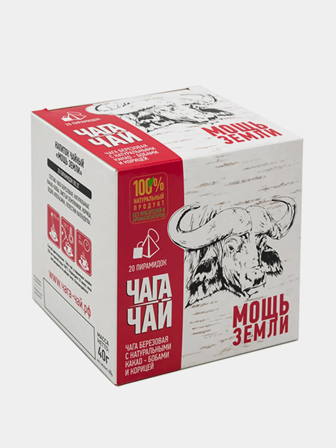 Чага березовая Чага-Чай "Мощь земли", с какао-бобами, корицей, 20 пирамидок, 40 г