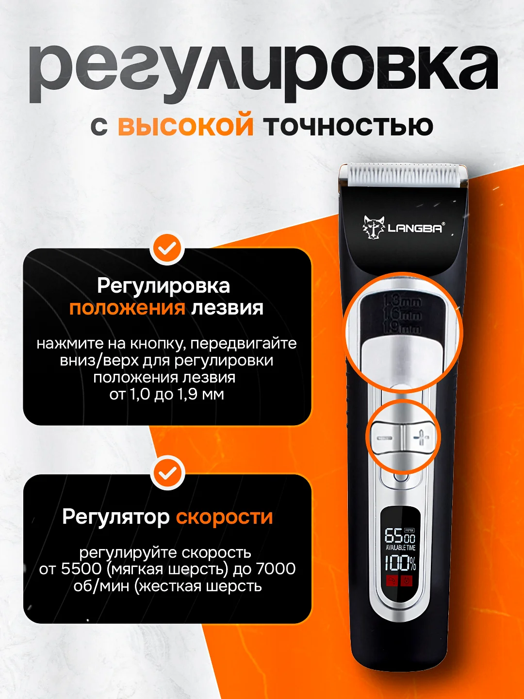Машинка для стрижки собак, кошек, животных / Беспроводная, бесшумная, профессиональная