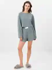 Мятный пижама женская c шортами и топом лонгсливом